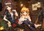  2igrls ammo_box aqua_eyes ascot assault_rifle badge bandages bare_shoulders barefoot blonde_hair breasts brown_hair bullet bullet_hole claymore_(mine) cleavage earrings explosive flashbang goggles goushou green_eyes grenade gun hair_ornament hairclip handgun highres insignia jewelry knife long_hair looking_at_viewer m16 mecha_to_identify multiple_girls necklace open_mouth original poster_(object) rg-42 rifle short_hair shotgun shotgun_shells skirt torn_clothes weapon 