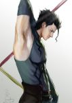  ahoge arm_up armpits arms_above_head black_hair fate/zero fate_(series) gae_buidhe gae_dearg lancer_(fate/zero) loading mole polearm realistic spear weapon 