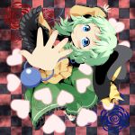  blue_eyes blue_rose blush bow checkered checkered_background danmaku eyeball flower green_hair hat hat_removed headwear_removed heart heart_of_string komeiji_koishi red_rose rose short_hair silane skirt smile solo sun_hat third_eye touhou 