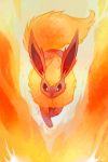  creature fiery_background fire flareon full_body looking_at_viewer no_humans pokemon pokemon_(creature) purplekecleon smile solo 