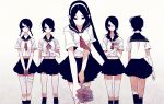  bandage bandages bangs black_hair braid eyepatch fargo_(artist) flower fujiyoshi_harumi fuura_kafuka glasses hair_flower hair_ornament hitou_nami kitsu_chiri kobushi_abiru lineup long_hair midriff multiple_girls navel parted_bangs sayonara_zetsubou_sensei school_uniform serafuku serious short_hair simple_background skirt twin_braids 