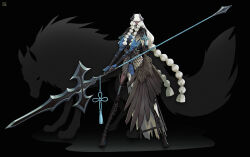  1girl absurdres armor black_background black_boots black_capelet black_corset black_gloves blonde_hair boots braid capelet corset dark-skinned_female dark_skin deadslug faulds feathered_wings full_body gambeson gloves high_heel_boots high_heels highres holding holding_polearm holding_weapon long_arms long_hair long_legs long_neck low_twintails low_wings multiple_braids original polearm red_eyes single_wing solo spear standing tall_female tassel thigh_boots twintails very_long_hair weapon wings wolf 