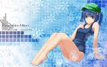  atsis blue_background blue_eyes blue_hair bubble full_body hair_bobbles hair_ornament hat highres kawashiro_nitori one-piece_swimsuit school_swimsuit short_hair sitting smile solo swimsuit touhou twintails 