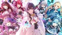  6+girls :d ;d azki_(hololive) azki_(prima_diva)_(hololive) black_hair blonde_hair blue_hair brown_hair cape center-flap_bangs center_frills chihiro_ayaka closed_mouth colored_inner_hair commentary_request copyright_notice crown double-parted_bangs dress eighth_note floating_crown frilled_dress frills fur-trimmed_cape fur_trim grey_hair hair_intakes highres holding holding_microphone hololive hololive_dev_is hololive_english hololive_idol_uniform_(color_rise) horns irys_(hololive) isaki_riona isaki_riona_(flowglow_uniform) long_hair looking_at_viewer microphone midriff mizumiya_su mizumiya_su_(flowglow_uniform) mole mole_under_eye multicolored_hair multiple_girls musical_note navel official_alternate_costume official_alternate_hairstyle official_art one_eye_closed open_mouth otonose_kanade otonose_kanade_(flashpoint) pink_hair pink_streaks pleated_dress pointy_ears ponytail purple_hair reaching reaching_towards_viewer roboco-san sidelocks smile streaked_hair tokoyami_towa twintails two_side_up very_long_hair violet_eyes white_cape white_dress white_streaks 