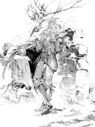  1girl :o against_wall armor bare_tree belt belt_buckle blush breastplate broken_wall buckle check_clothing clothing_request commentary crossed_ankles crosshatching cuisses faulds floating_hair forehead_blush full_body gauntlets gloves grass greaves greyscale hair_over_shoulder hair_scarf hatching_(texture) highres holding_own_hair linear_hatching long_hair long_sleeves looking_at_hands loose_hair_strand low-tied_long_hair monochrome open_mouth original outdoors pants pauldrons ponytail raised_eyebrows sabaton shirt shoulder_armor side_ponytail solo standing steam tankard tree untranslatable_commentary unworn_gloves yayayoshi 