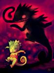  absurdres chameleon commentary creature dark different_shadow highres huge_filesize jumping kecleon no_humans pokemon pokemon_(creature) purplekecleon shadow signature smile solo 