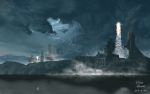 clouds halo:_reach halo_(game) highres hira_(zlpabrams) launching liftoff military_base night no_humans scenery science_fiction ship space_craft water 