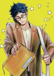 1boy akaashi_keiji bag black-framed_eyewear black_hair brown_jacket cellphone closed_eyes glasses haikyuu!! jacket jewelry male_focus open_clothes open_jacket phone rectangular_eyewear ring shirt short_hair shoulder_bag smartphone solo talking_on_phone ummm_mmma upper_body wedding_ring white_shirt 
