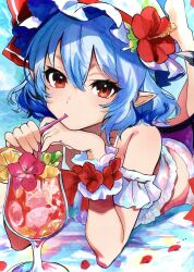  1girl absurdres bat_wings blue_hair commentary_request cup drink drinking drinking_straw drinking_straw_in_mouth ex9dp4n1 flower food frills fruit hair_between_eyes hat hat_flower hat_ribbon hibiscus highres lemon lemon_slice looking_at_viewer mob_cap petals pointy_ears red_eyes red_flower red_ribbon remilia_scarlet ribbon short_hair solo summer touhou traditional_media wings wrist_cuffs 