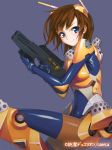  1girl armor assault_rifle blue_eyes bodysuit breastplate brown_hair clothed_navel copyright_name elbow_pads faulds gloves gun junketsu_duelion leg_armor leg_up looking_at_viewer mecha_musume miyagawa_karen official_art rifle shiny shiny_clothes short_hair shoulder_pads side simple_background skin_tight smile solo translated trigger_discipline weapon yangsion yellow_armor 