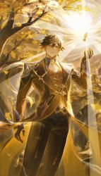  1boy absurdres armor autumn black_gloves brown_hair brown_jacket earrings falling_leaves genshin_impact geometric_pattern ginkgo_tree gloves gold_trim golden_hour gradient_hair hand_up highres jacket jewelry leaf lens_flare light_rays long_hair male_focus matuka10101 multicolored_hair orange_hair outdoors ponytail shoulder_armor sunbeam sunlight tree_shade zhongli_(genshin_impact) 