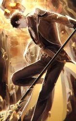  1boy absurdres black_gloves brown_eyes brown_hair dynamic_pose earrings fighting_stance genshin_impact gloves gradient_hair highres jewelry long_hair male_focus matuka10101 multicolored_hair orange_hair ponytail zhongli_(genshin_impact) 