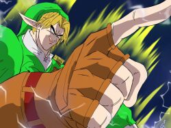  1boy blonde_hair broly_(dragon_ball_z) brown_gloves derivative_work dragon_ball dragon_ball_z electricity fingerless_gloves gloves green_shirt link long_pointy_ears m_s_paragus muscular muscular_male open_mouth parody pointy_ears screenshot_redraw shirt smile solid_eyes solo the_legend_of_zelda the_legend_of_zelda:_ocarina_of_time v-shaped_eyebrows white_eyes white_shirt 
