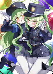  2girls absurdres blue_archive blush boots dress gloves green_hair green_halo grin halo hat highres hikari_(blue_archive) hug long_hair multiple_girls nozomi_(blue_archive) pantyhose sak_(lemondisk) school_uniform shorts smile tail twintails v white_gloves white_pantyhose yellow_eyes 