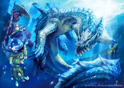  1boy 1girl absurdres armor axe brown_hair cha-cha claws fangs gloves hat highres kayanba lagiacrus male monster_hunter monster_hunter_3_g ocean ryuuta_(ipse) short_hair sword underwater weapon yukumo_(armor) 