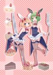  animal_ears aqua_eyes bare_shoulders blonde_hair bowtie breasts bunny_ears bunny_girl bunny_tail bunnysuit cake cleavage detached_collar food fork fruit green_eyes green_hair gumi hair_ornament hair_ribbon high_heels highres kagamine_rin knife leaning leaning_forward looking_at_viewer multiple_girls nail_polish open_mouth rabbit_ears ribbon shoes short_hair skirt smile standing strawberry tail thigh-highs thighhighs vocaloid wrist_cuffs yayoi_(egoistic_realism) 