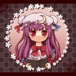  :&lt; bangs blunt_bangs blush book bow capelet checkered checkered_background crescent hair_bow hair_ornament hat long_hair looking_at_viewer patchouli_knowledge payot purple_hair red_eyes ribbon solo touhou yorimitibiyori 