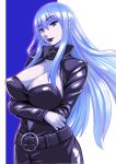  belt black_lipstick blue_eyes blue_hair breast_hold breasts center_opening cleavage collar crossed_arms full-length_zipper huge_breasts lips lipstick long_hair looking_at_viewer megami_tensei nemissa pale_skin seductive_smile shin_megami_tensei soul_hackers zipper 