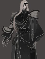  1girl aristocratic_clothes black_lips blyssade bridal_gauntlets eyepatch hair_over_one_eye highres long_sleeves mature_female military_uniform original seductive_smile sketch smile tall_female 