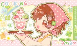  1girl 4rarakawa :d apron blush_stickers brown_eyes brown_hair character_hair_ornament character_request cherry clover collared_shirt cooking_mama cup deformed dessert drinking_glass food four-leaf_clover from_side fruit hair_ornament heart heisei_retro holding holding_tray ice_cream long_sleeves looking_at_viewer mama_(cooking_mama) melon parfait parfait_glass polka_dot rainbow shirt short_hair smile solo strawberry strawberry_slice tray white_background white_shirt wooden_tray yellow_apron 