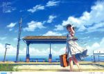  absurdres armpits blue_eyes blue_hair braid copyright_request dress flower gate hand_on_hat hat hat_flower highres hisakata_souji holding huge_filesize ocean real_world_location ribbon scenery sky solo suitcase sundress train_station translated translation_request twin_braids white_dress wind 