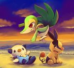  beach cloud clouds fang frown highres jumping looking_away no_humans ocean on_back open_mouth oshawott pokemon pokemon_(creature) purple_sky purplekecleon sand sitting sky snivy tepig 