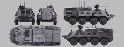  absurdres armored_personnel_carrier armored_vehicle blueprint_(object) callsign:_cedar commentary_request drawing_(object) fictional_armored_vehicle grey_background haguruma_c highres motor_vehicle multiple_views no_humans original prototype_design simple_background 