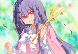  1girl black_hair blush bow bowtie branch breasts collared_shirt frilled_shirt_collar frilled_sleeves frills green_background highres holding holding_branch houraisan_kaguya jeweled_branch_of_hourai long_hair long_sleeves looking_at_viewer medium_breasts open_mouth pink_eyes pink_shirt rinka_(qqqrinkappp) shirt smile solo touhou traditional_media upper_body white_bow white_bowtie wide_sleeves 