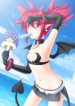  bat_wings belt demon_girl demon_tail disgaea earrings elbow_gloves etna fan gloves highres hot jewelry kerasu mouth_hold navel ocean pointy_ears popsicle prinny red_eyes red_hair redhead short_hair short_shorts shorts solo sunlight sweat tail twintails wings 