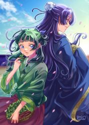  1boy 1girl blunt_bangs bun_cover chinese_clothes commentary falling_petals freckles green_hair half_updo hanfu highres holding jinshi_(kusuriya_no_hitorigoto) kusuriya_no_hitorigoto long_hair looking_back maomao_(kusuriya_no_hitorigoto) outdoors petals purple_hair signature smile twintails umikuma wide_sleeves wind 
