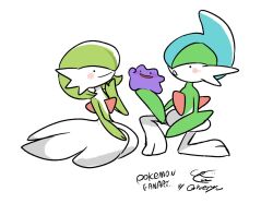  3others artist_name black_eyes colored_skin ditto dress gallade gardevoir green_skin highres kneeling multicolored_skin multiple_others pokemon pokemon_(creature) purple_skin signature sitting smile transformed_ditto two-tone_skin white_dress white_skin yueryu_(taroyuer2) 