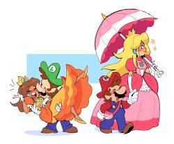  2boys 2girls bag blonde_hair blue_overalls blush brown_hair carrying closed_eyes crown detached_sleeves dress earrings facial_hair full_body gloves green_hat handbag happy hat height_difference highres holding holding_hands holding_umbrella jewelry kiss kissing_cheek long_hair long_sleeves looking_up luigi mario multiple_boys multiple_girls mustache open_mouth orange_dress overalls pink_bag pink_dress princess princess_daisy princess_peach puffy_short_sleeves puffy_sleeves red_hat red_shirt shirt shoes short_hair short_male short_sleeves smile star_(symbol) super_mario_bros. syrupyyyart tall_female umbrella white_gloves 