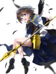  blue_eyes book brown_hair feathers fingerless_gloves gloves hair_ornament hat lyrical_nanoha mahou_shoujo_lyrical_nanoha mahou_shoujo_lyrical_nanoha_strikers schwertkreuz short_hair solo staff tome_of_the_night_sky wings yagami_hayate yone 
