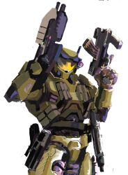  1boy armor assault_rifle black_gloves bullpup dual_wielding gloves gun halo:_combat_evolved halo_(series) holding holding_gun holding_weapon looking_down ma5 master_chief power_armor rifle simple_background solo submachine_gun the_count_of_s trigger_discipline weapon white_background yellow_assault_visor 