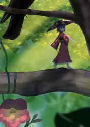  1girl absurdres barefoot bird blush bowl bowl_hat closed_mouth commentary_request flower flower_request gasubanana hat highres holding holding_needle japanese_clothes kimono long_sleeves looking_at_viewer mini_person minigirl needle obi on_branch outdoors pink_flower pink_kimono purple_hair red_eyes sash smile solo sukuna_shinmyoumaru touhou tree walking wide_sleeves 