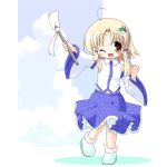  ahoge ankle_boots arm_up blonde_hair blush_stickers chibi clenched_hand cloud clouds cosplay detached_sleeves frog_hair_ornament gohei hair_ornament hair_tubes kochiya_sanae kochiya_sanae_(cosplay) long_sleeves midriff moegi_yuu moriya_suwako no_hat no_headwear no_socks open_mouth photoshop shadow short_hair skirt sky snake solo touhou vest white_background wink yellow_eyes 