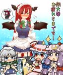  alternate_costume alternate_hairstyle apron ascot bat_wings black_wings blue_eyes blush blush_stickers bow braid breast_envy breasts convention_greeting cosplay crescent dora_e embarrassed enmaided fang garter_straps grey_hair hair_bow hat head_wings izayoi_sakuya izayoi_sakuya_(cosplay) koakuma large_breasts long_hair maid multiple_girls patchouli_knowledge pointy_ears purple_eyes purple_hair red_eyes red_hair redhead reitaisai remilia_scarlet sweatdrop thigh-highs thighhighs touhou translated translation_request twin_braids violet_eyes wings zettai_ryouiki 