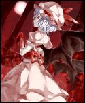  1girl bat_wings blood blue_hair dress from_behind hat highres kozou_(soumuden) open_mouth red_eyes remilia_scarlet short_hair smile solo touhou white_dress wings 