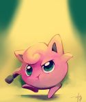  commentary creature green_eyes highres holding jigglypuff microphone no_humans pink_skin pokemon pokemon_(anime) pokemon_(creature) purplekecleon solo walking yellow_background 