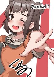  1girl black_neckerchief brown_eyes brown_hair double_bun fang foreshortening hair_bun highres kantai_collection kurano_kisuke naka_(kancolle) neckerchief one-hour_drawing_challenge orange_shirt sailor_collar sailor_shirt shirt signature skin_fang smile solo twitter_username two-tone_background white_sailor_collar 