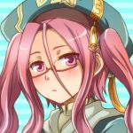  blush drop_(rune_factory) expressionless glasses hat kiyune_(kiyune_00) long_hair lowres pink_eyes pink_hair portrait red-framed_glasses rune_factory rune_factory_frontier semi-rimless_glasses simple_background solo twintails under-rim_glasses 