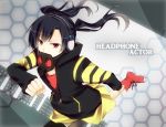  black_hair gas_mask haumizuki headphone_actor_(vocaloid) headphones hoodie red_eyes running skirt twintails vocaloid 