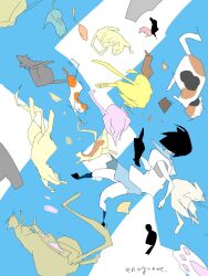  1girl artist_name black_cat black_hair blue_cat blue_sky bob_cut calico_(pattern) calico_cat cat commentary enogunoe. flying full_body fuujin_monogatari jaggy_lines official_style pink_cat school_uniform sky solo too_many too_many_cats ueshima_nao white_cat yellow_cat 