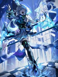  1girl blue_dress blue_eyes blue_fire blue_hair blue_wings cerydra_(honkai:_star_rail) checkered_floor crown detached_sleeves diamond-shaped_pupils diamond_(shape) dress fire highres honkai:_star_rail honkai_(series) long_hair mini_crown single_thighhigh symbol-shaped_pupils thigh-highs wandererkickme wings 