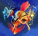  bird blue_background breathing_fire commentary dodrio electricity fire full_body highres ice multiple_heads no_humans o_o open_mouth pokemon pokemon_(creature) purplekecleon solo 