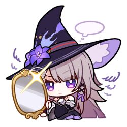  1girl chibi chibi_only dress flower grey_hair hat hat_flower herta_(honkai:_star_rail) holding holding_mirror honkai:_star_rail honkai_(series) long_hair looking_at_viewer mirror official_art one_bor skirt solo speech_bubble the_herta_(honkai:_star_rail) thought_bubble very_long_hair violet_eyes witch_hat 