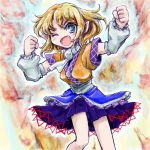  blonde_hair clenched_hands detached_sleeves fang green_eyes mizuhashi_parsee nanashii_(soregasisan) open_mouth pointy_ears solo touhou wink 