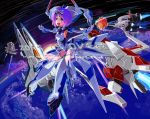  aqua_eyes arrowhead_(r-type) darius elbow_gloves exelica force_(r-type) gloves gradius mecha_musume one-piece_swimsuit open_mouth outstretched_arms purple_hair r-type school_swimsuit short_hair silver_hawk smile solo space space_craft spread_arms swimsuit swimsuit_costume trigger_heart_exelica vic_viper white_school_swimsuit xanado 