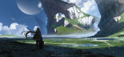  1girl artist_name asteroid_ill black_pants blonde_hair brown_poncho cliff clouds day english_text from_behind grass highres hill holding holding_suitcase horizon iris_(asteroid_ill) lake landscape long_hair original outdoors overgrown pants planet scenery sky solo standing suitcase tree very_long_hair very_wide_shot 