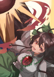 1girl amateru arm_cannon bird_wings bow breasts brown_hair brown_wings cape chest_eye collared_shirt commentary_request control_rod_(touhou) feathered_wings firing frilled_shirt_collar frills green_bow green_skirt hair_bow highres large_breasts long_hair open_mouth print_cape red_eyes reiuji_utsuho shirt skirt smile solo starry_sky_print third_eye touhou two-sided_cape two-sided_fabric weapon white_cape white_shirt wings 
